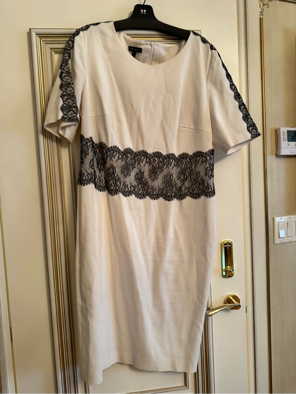 Escada Cream Midi Dress with Black Lace Trim